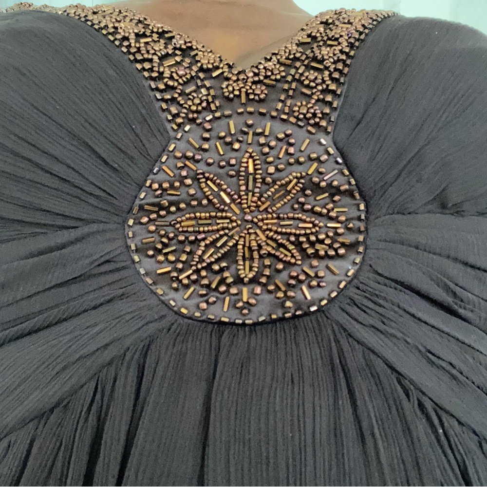 Maggy London Brown Silk Chiffon Beaded V Neck Sleeveless Midi Knee Length Dress! - Picture 5 of 6